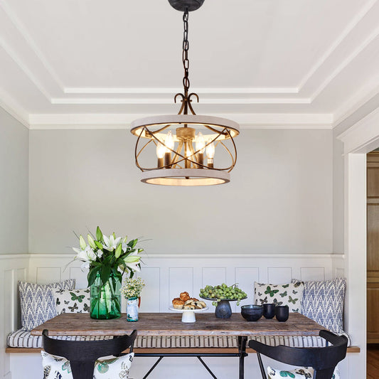 5-Light Rustic Cage Wood Chandelier Dimmable Lighting, 15.7" Adjustable Farmhouse Pendant Light for Kitchen Island