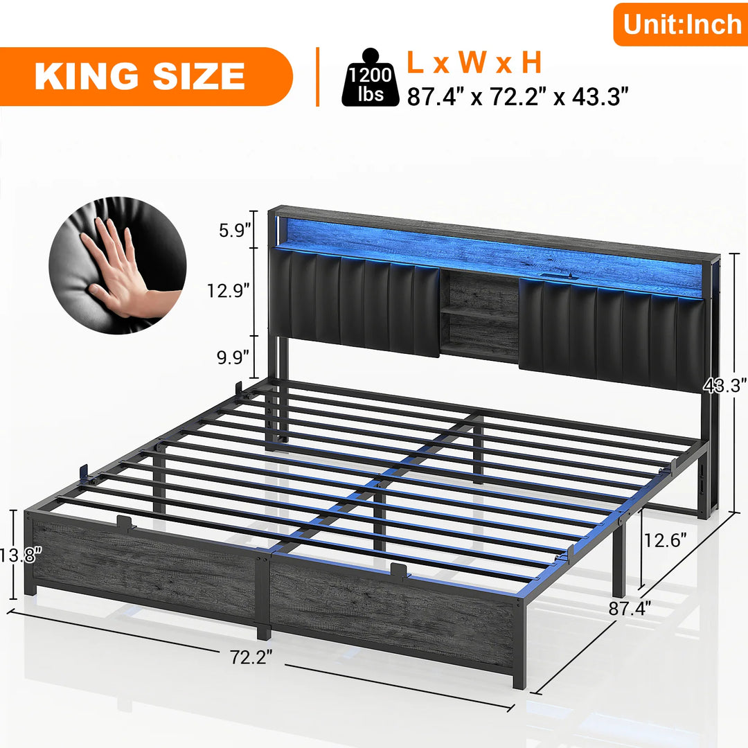 Upholstered Bed Frame with Storage Shelving, Platform Beds with Charge Station and LED Lights