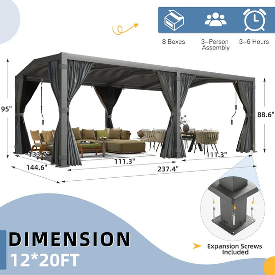 Outdoor Louvered Pergola Gazebo with Adjustable Aluminum Rainproof Roof and Pull-Down Screen