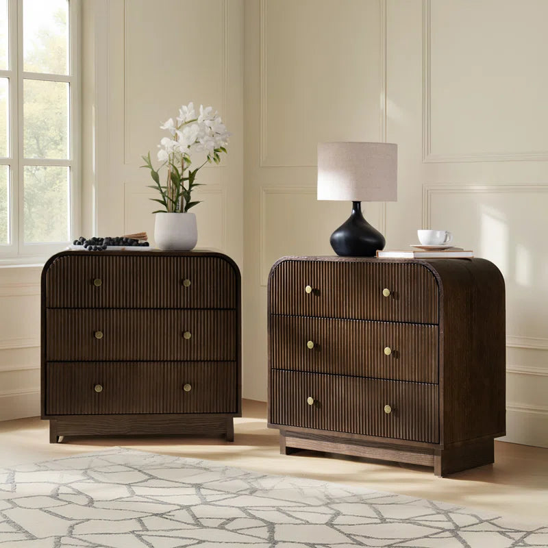 Melisa Modern 28"W 3-Drawer Fluted Curved End Table Simple Assemblly with Charging Station