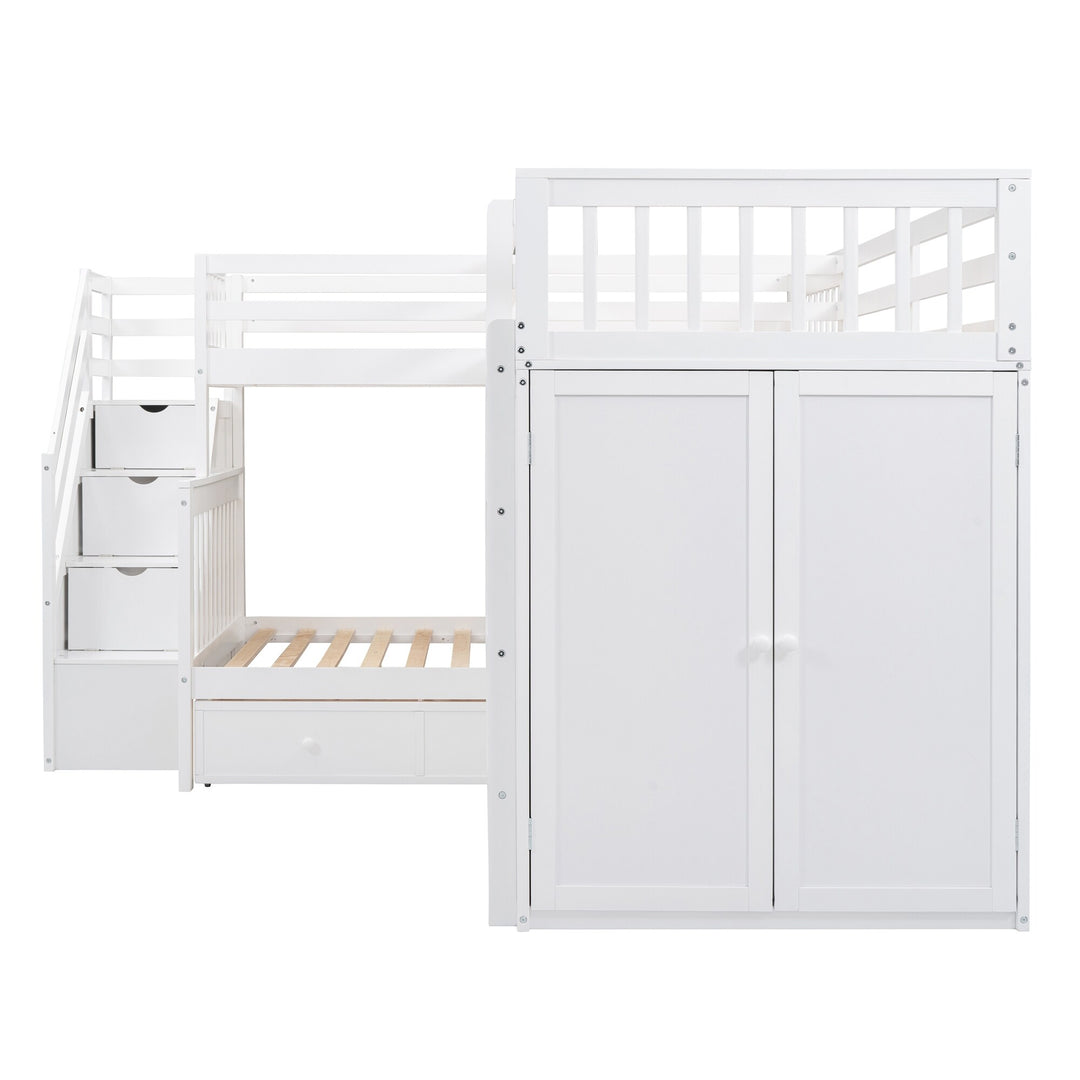 L-Shaped Bunk Bed with Three Drawers, Portable Desk and Wardrobe, Twin-Twin over Full Design