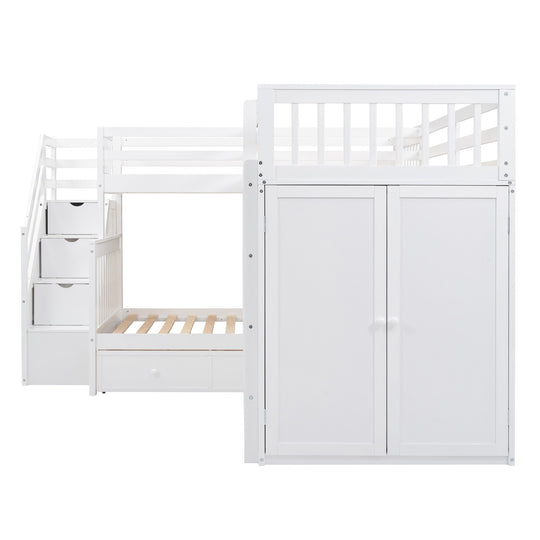 L-Shaped Bunk Bed with Three Drawers, Portable Desk and Wardrobe, Twin-Twin over Full Design