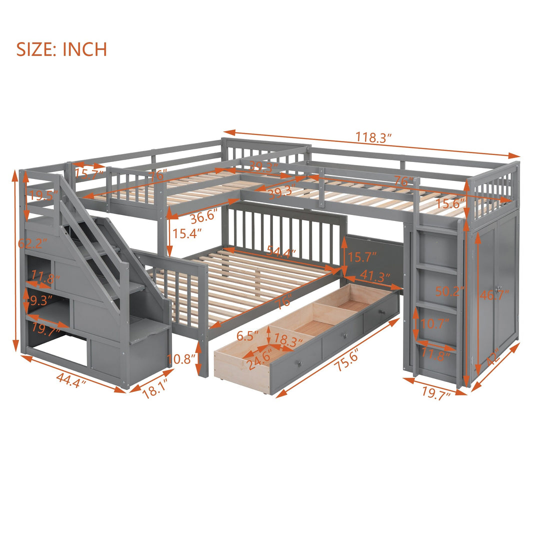 L-Shaped Bunk Bed with Three Drawers, Portable Desk and Wardrobe, Twin-Twin over Full Design