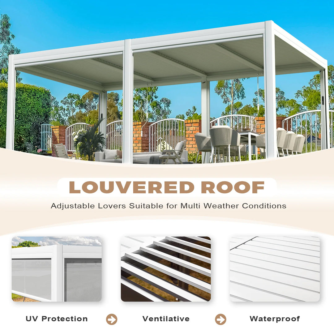 Outdoor Louvered Pergola Gazebo with Adjustable Aluminum Rainproof Roof and Pull-Down Screen