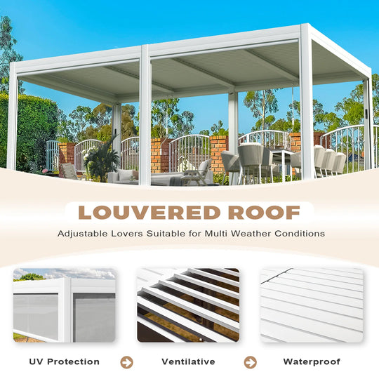Outdoor Louvered Pergola Gazebo with Adjustable Aluminum Rainproof Roof and Pull-Down Screen