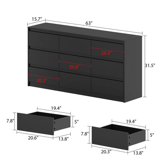 63"W 9 Drawer Dresser Accent Dresser for Living Room Bedroom Chest