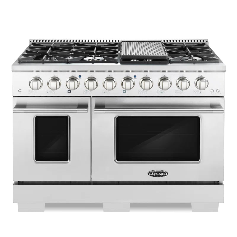 48 In. Vista Collection 5.5 Cu. Ft. Double Oven Gas Range, 8 Italian Burners, LED Panel, Cast Iron Grates, Stainless Steel