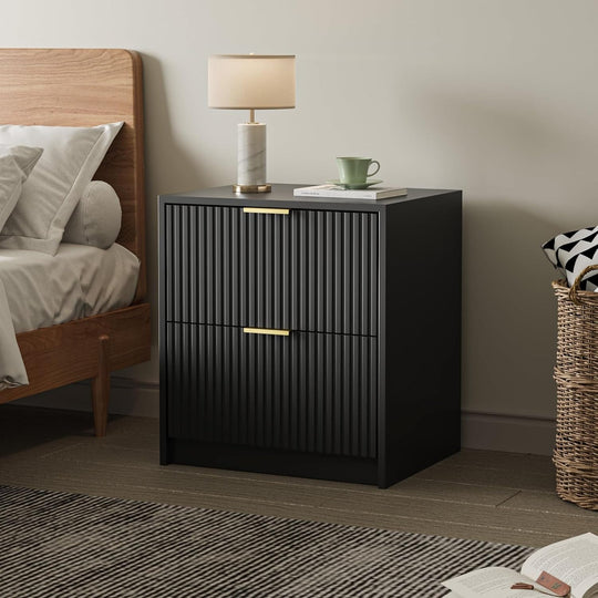 Set of 2 Fluted Nightstand with 2 Drawers, Modern Storage Bedside Table Wooden End Table for Bedroom