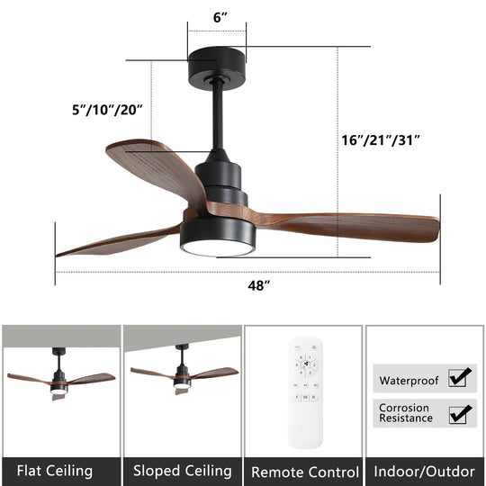 Sofucor 42"/48"/ 52"/60"Noiseless Walnut Wood Ceiling Fan with Remote Control, Integrated Light Optional