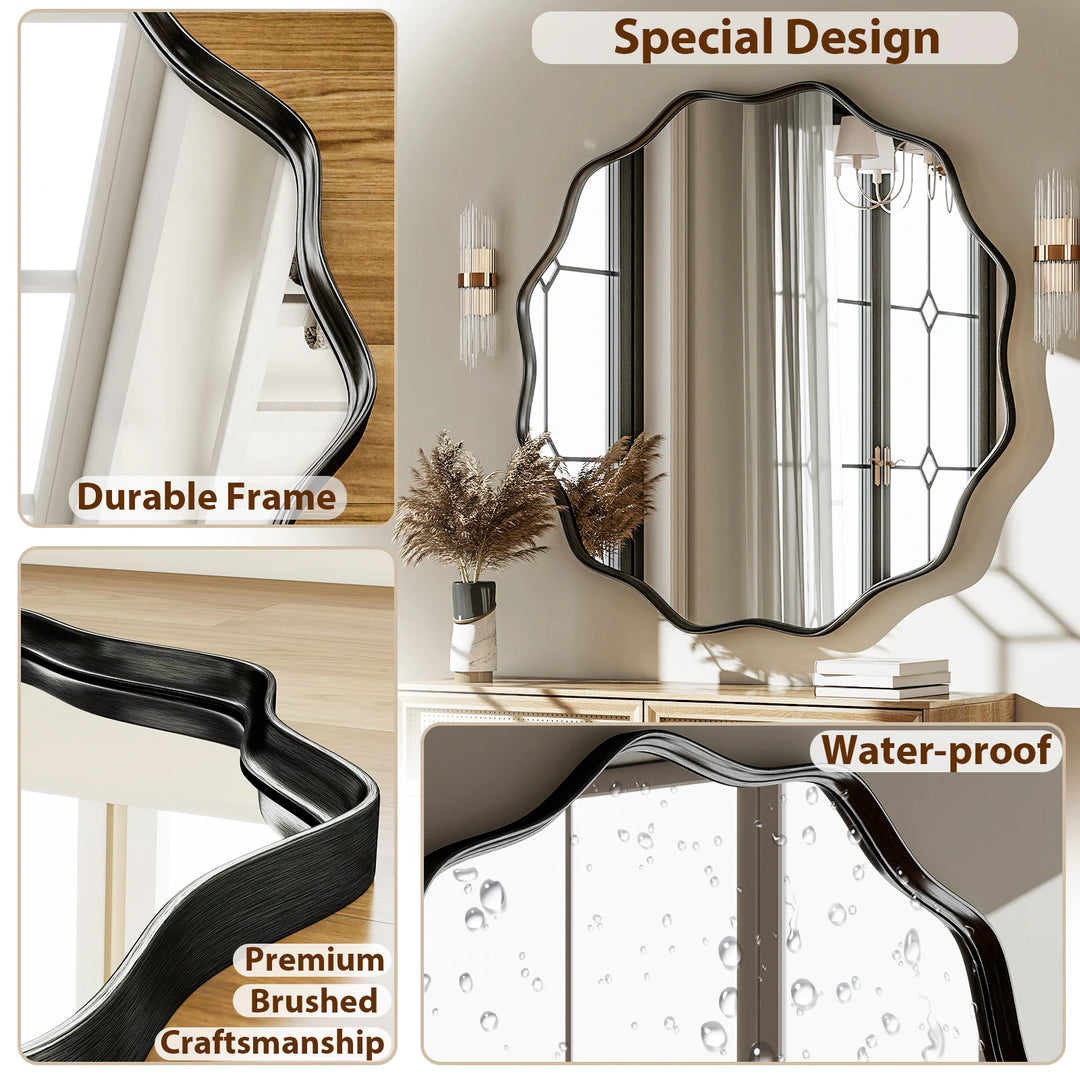 Round Wavy Bathroom Mirror Deep Frame Decorative Mirror Wall-Mounted