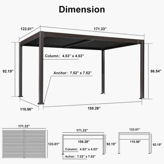 Solar Louvered Pergola with LED String Lights Aluminum Outdoor Pergola with Adjustable Roof for Patio Garden