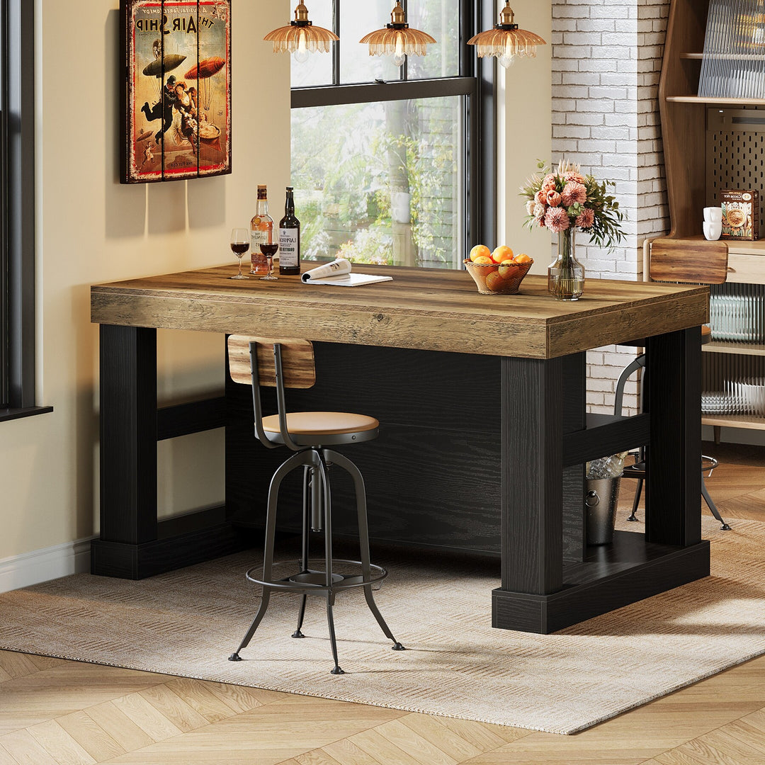 55-Inch Stationary Kitchen Island with Storage Shelves and Large Worktop, Farmhouse Style, Light Brown