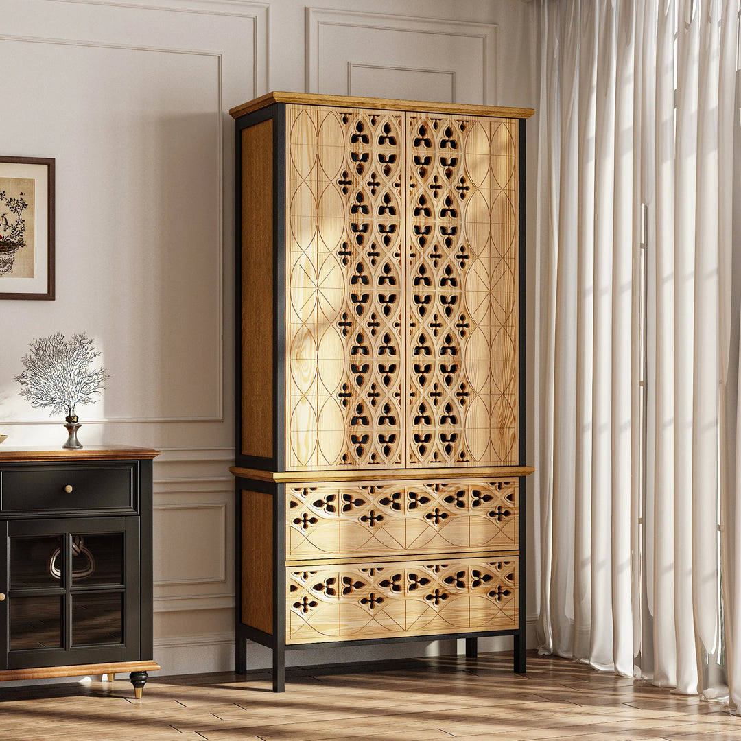 Sculpted Wood and Black Cabinet – Beautifully Carved Decorative Storage Pantry Bookshelves Display Cabinet - 33.4"X70.9"
