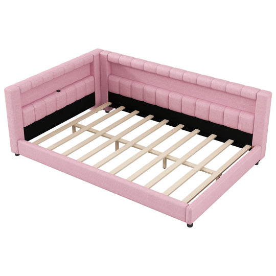 Upholstered Low-Profile Daybed Platform Bed Built-In USB Ports and LED Light Belt, Grounded Design with Padded Backrest