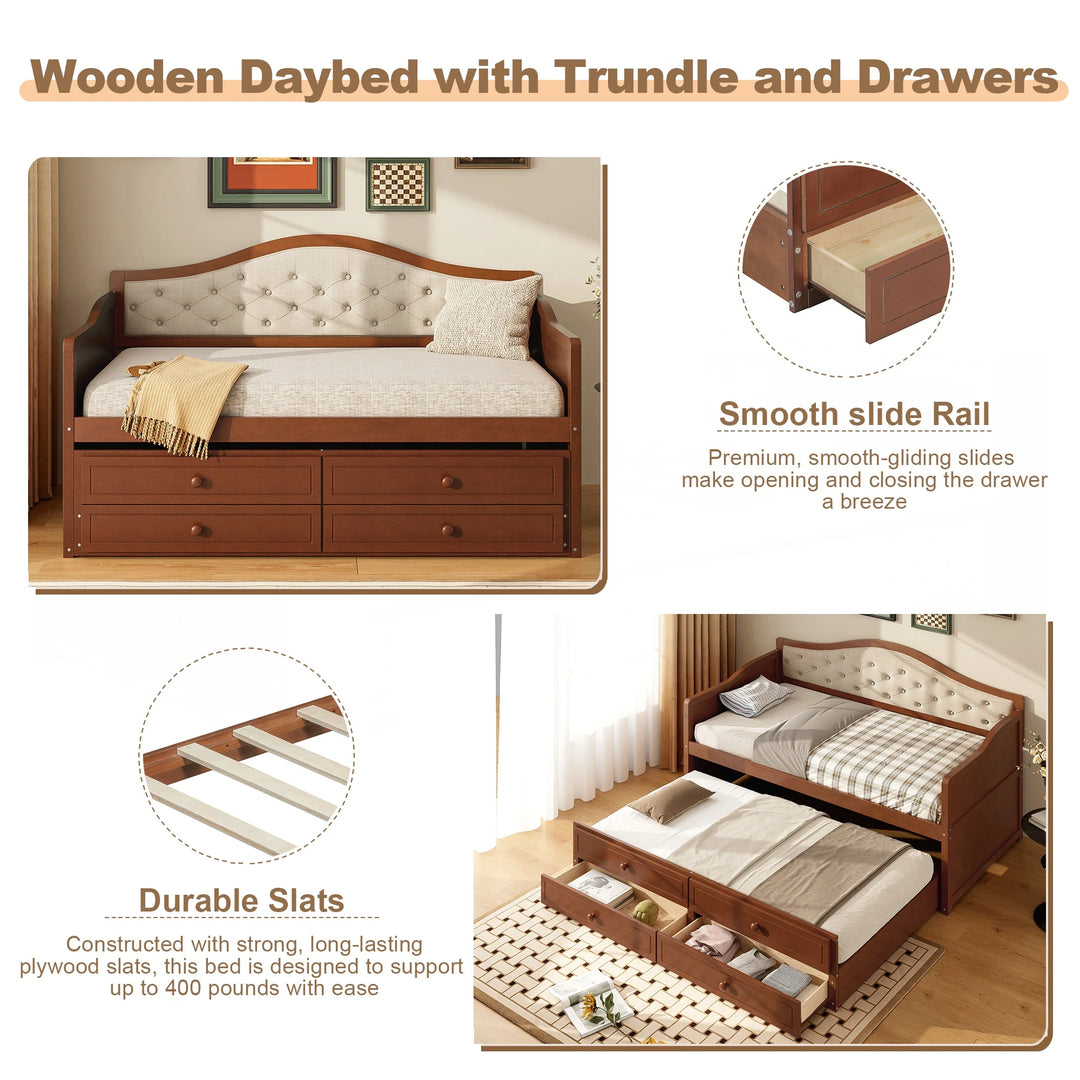 Twin Daybed with Trundle, Twin Size Daybed with 2 Storage Drawers, Wooden Sofa Bed with Upholstered Button Tufted Backrest