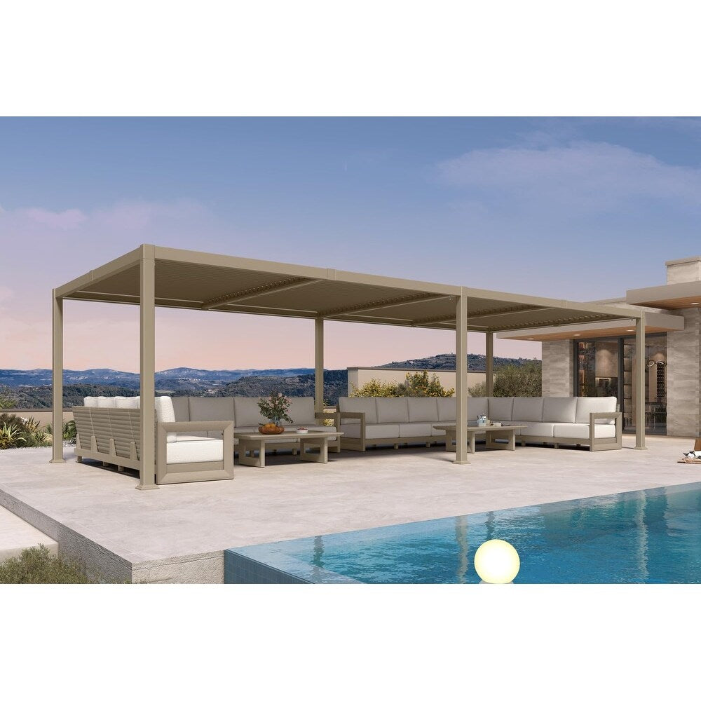 Solar Louvered Pergola with LED String Lights Aluminum Outdoor Pergola with Adjustable Roof for Patio Garden