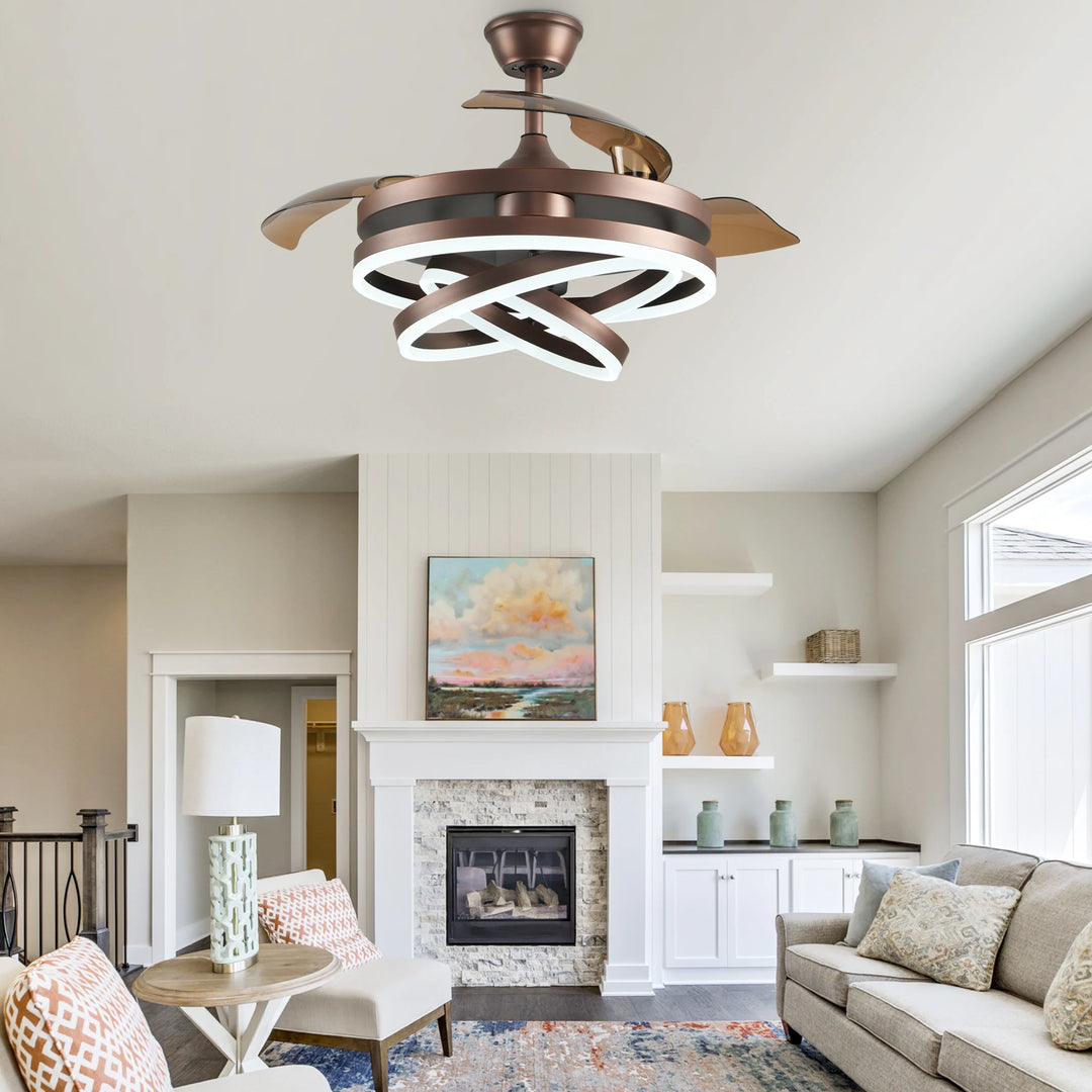 42In. DIY Shape Retractable Ceiling Fan with Lights, 6-Speed DC Motor Modern Ceiling Fan with LED Light and Remote