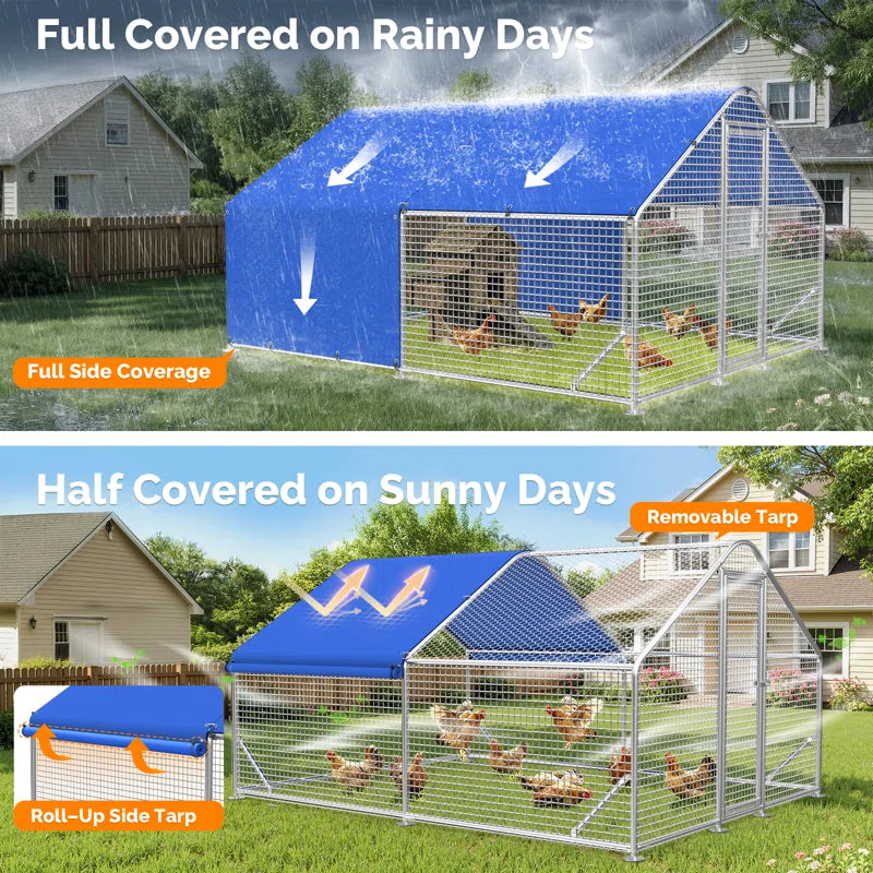 Large Metal Chicken Coop with Galvanized Hardware Cloth, Chicken Coop Run Pen for Yard with Waterproof Cover, Outdoor Large Walk-In Chicken Coops for Chickens Duck Pen House Cage Run
