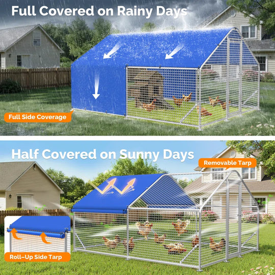 Large Metal Chicken Coop with Galvanized Hardware Cloth, Chicken Coop Run Pen for Yard with Waterproof Cover, Outdoor Large Walk-In Chicken Coops for Chickens Duck Pen House Cage Run