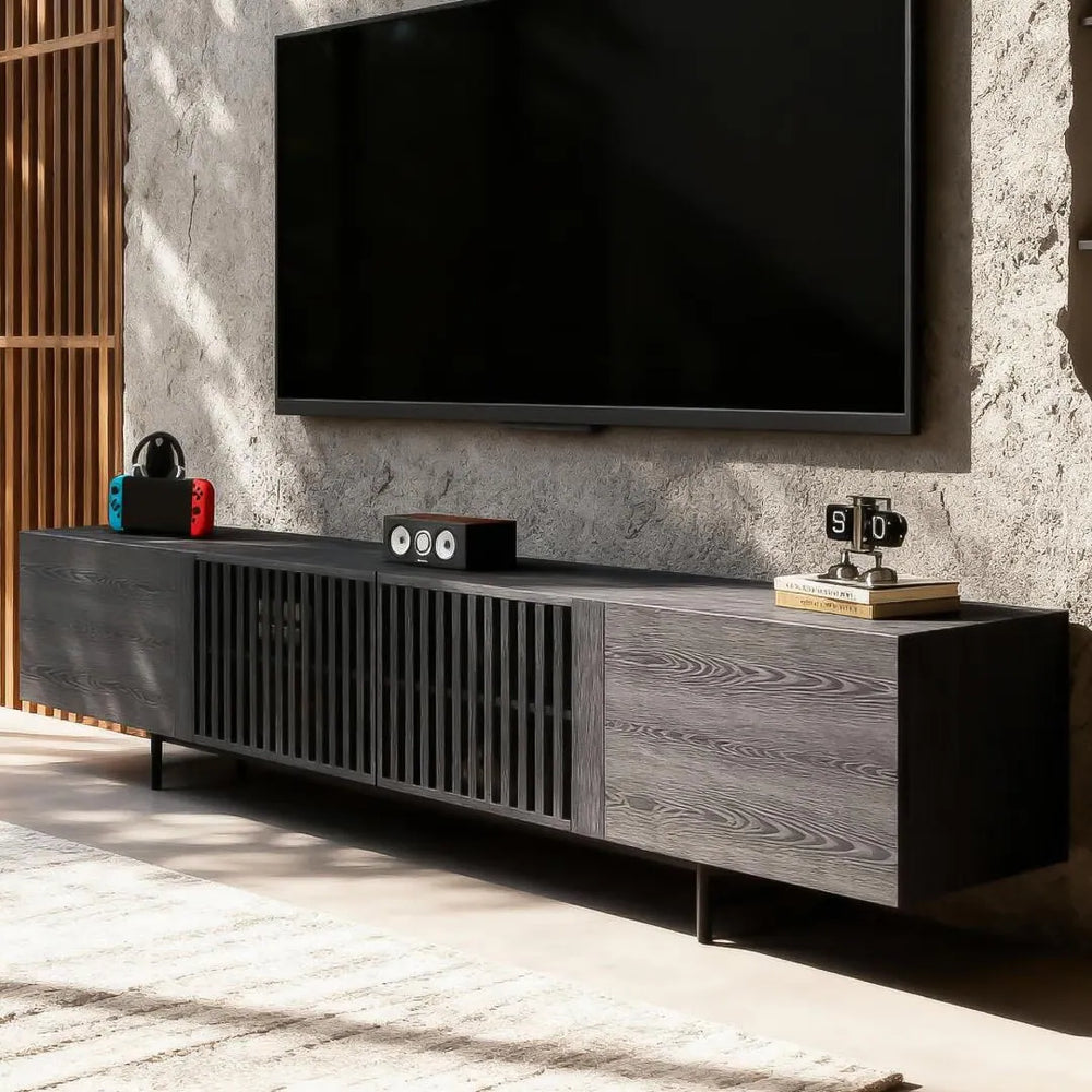94.48 Inch Extra Long Black TV Stand with Slatted Doors, Modern Entertainment Center for Tvs up to 100 Inches,