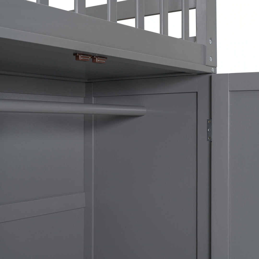 L-Shaped Bunk Bed with Three Drawers, Portable Desk and Wardrobe, Twin-Twin over Full Design