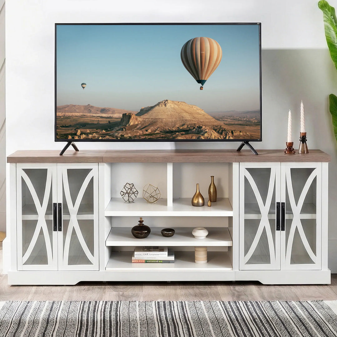 93" Farmhouse White Barn Door Storage Cabinets Console TV Stand for Tvs up to 100" with Adjustable Shelves