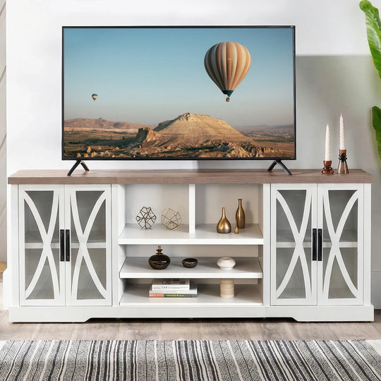 93" Farmhouse White Barn Door Storage Cabinets Console TV Stand for Tvs up to 100" with Adjustable Shelves