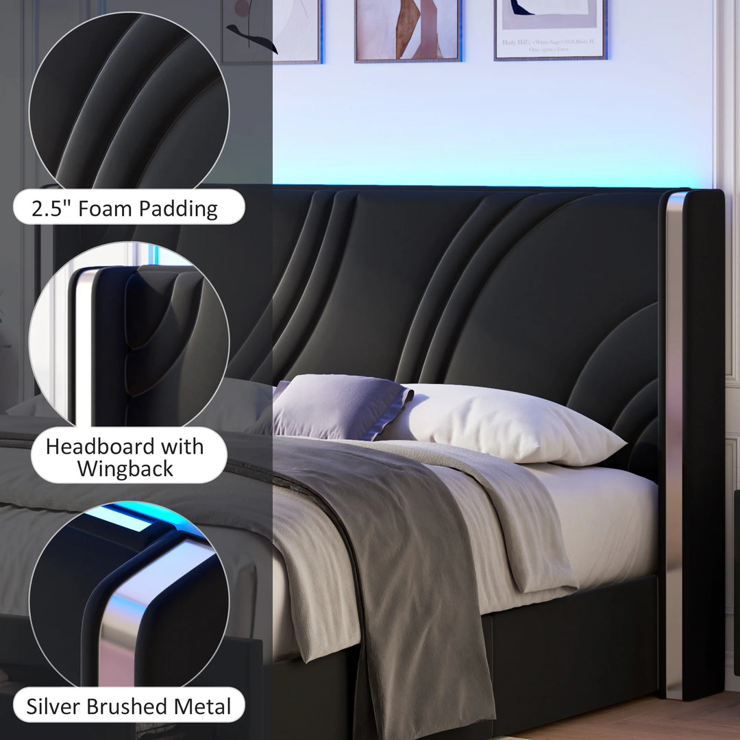 Velvet Upholstered Platform Bed with Smart Ambient Strip Lights Wingback Headboard and Endbed Pull-Out Storage Drawers