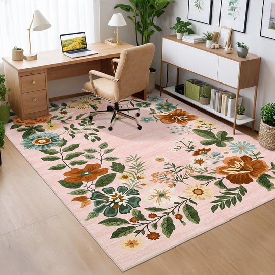 Floral Rugs Modern Indoor Soft Ultra-Thin Carpet Low Pile Flower Print Non Slip Throw Rug for Nursery Bedroom