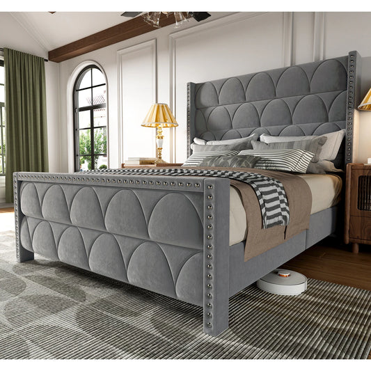 Hansabenne Solid Wood Bed Frame Queen and King Platform Bed Frame with Headboard White and Gray