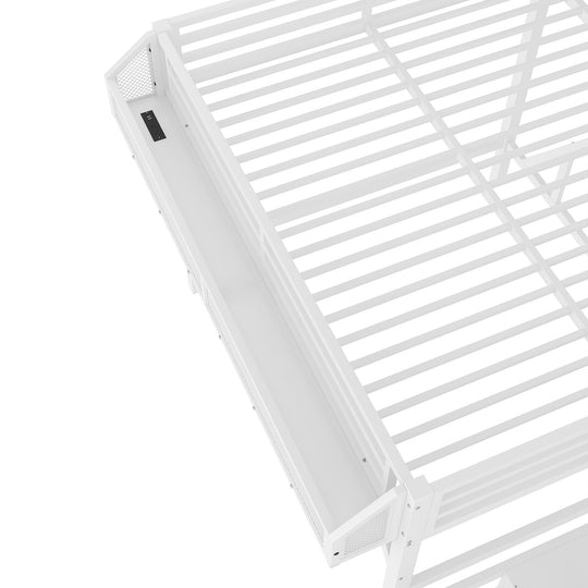 Queen Metal Loft Bed with Storage Stairs, Built-In Wardrobe & Shelves, USB Ports, LED Lights, Noise-Reduced Design