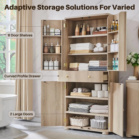 71" Tall Bathroom Storage Cabinet, Modern Curved Bathroom Cabinet with 4 Doors and 6 Adjustable Shelves, Cupboard for Kitchen, Dining Room, Living Room and Bathroom