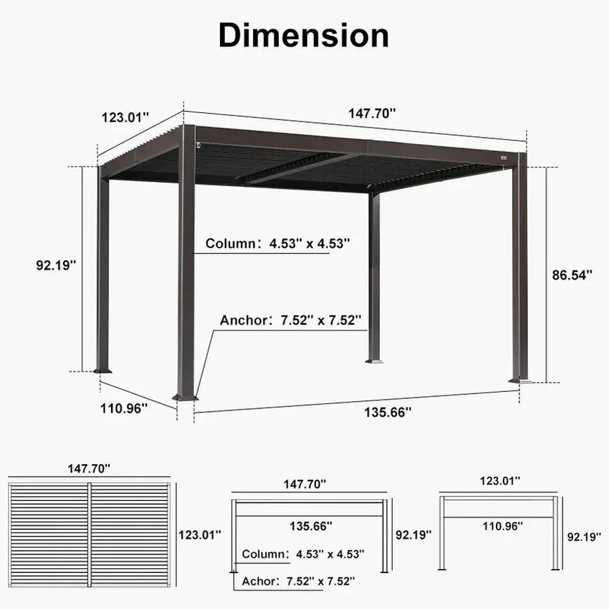 Solar Louvered Pergola with LED String Lights Aluminum Outdoor Pergola with Adjustable Roof for Patio Garden