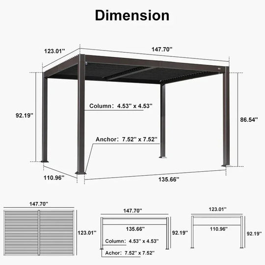 Solar Louvered Pergola with LED String Lights Aluminum Outdoor Pergola with Adjustable Roof for Patio Garden