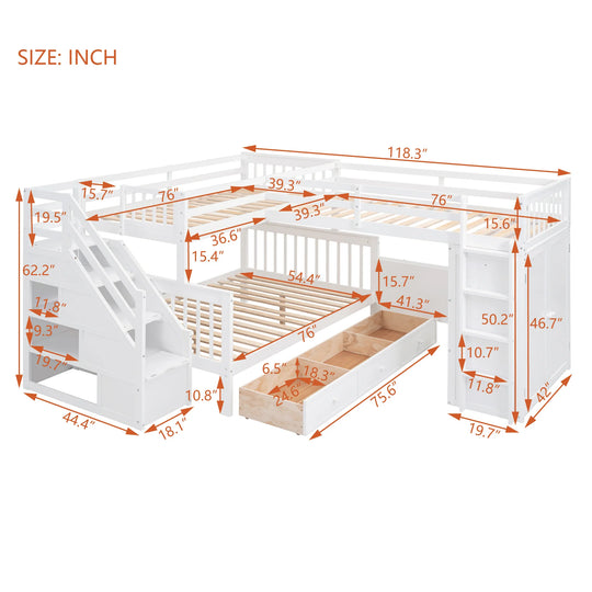 L-Shaped Bunk Bed with Three Drawers, Portable Desk and Wardrobe, Twin-Twin over Full Design