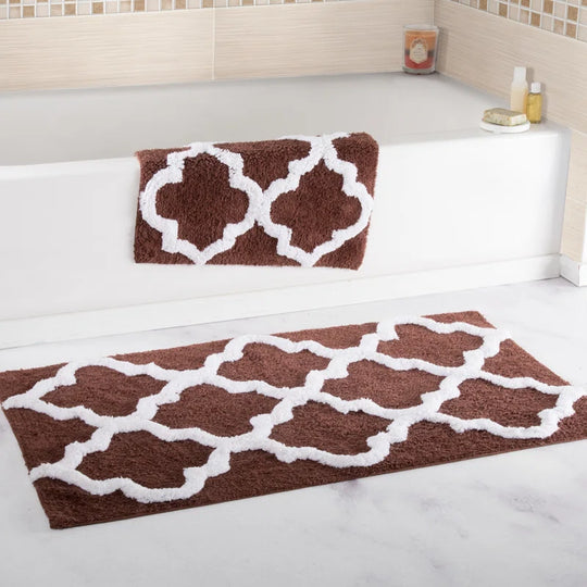 Bassam 2PC 100% Cotton Bathroom Rug Set - with Trellis Pattern and Non-Slip Base - Machine Washable Bathroom Mats