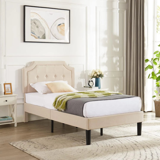 Javlergo Modern Upholstered Bed Frame with Height Adjustable Headboard Heavy-Duty Frame No Box Spring Needed