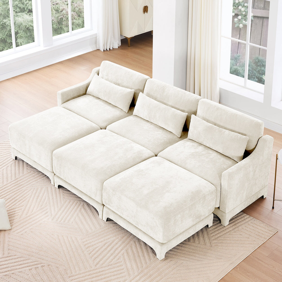 Modern Chenille 4-Seater Sofa with 2 Ottoman, Lumbar Cushions, Ergonomic Backrest, High-Resilience Spongeand Tufted Armrests
