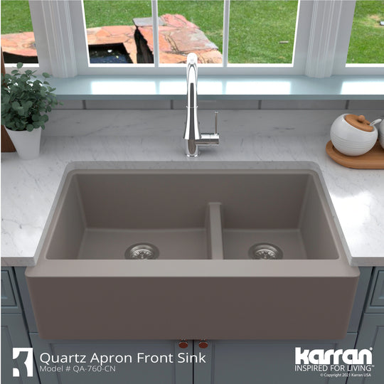 Farmhouse/Apron-Front Quartz Double Bowl Kitchen Sink