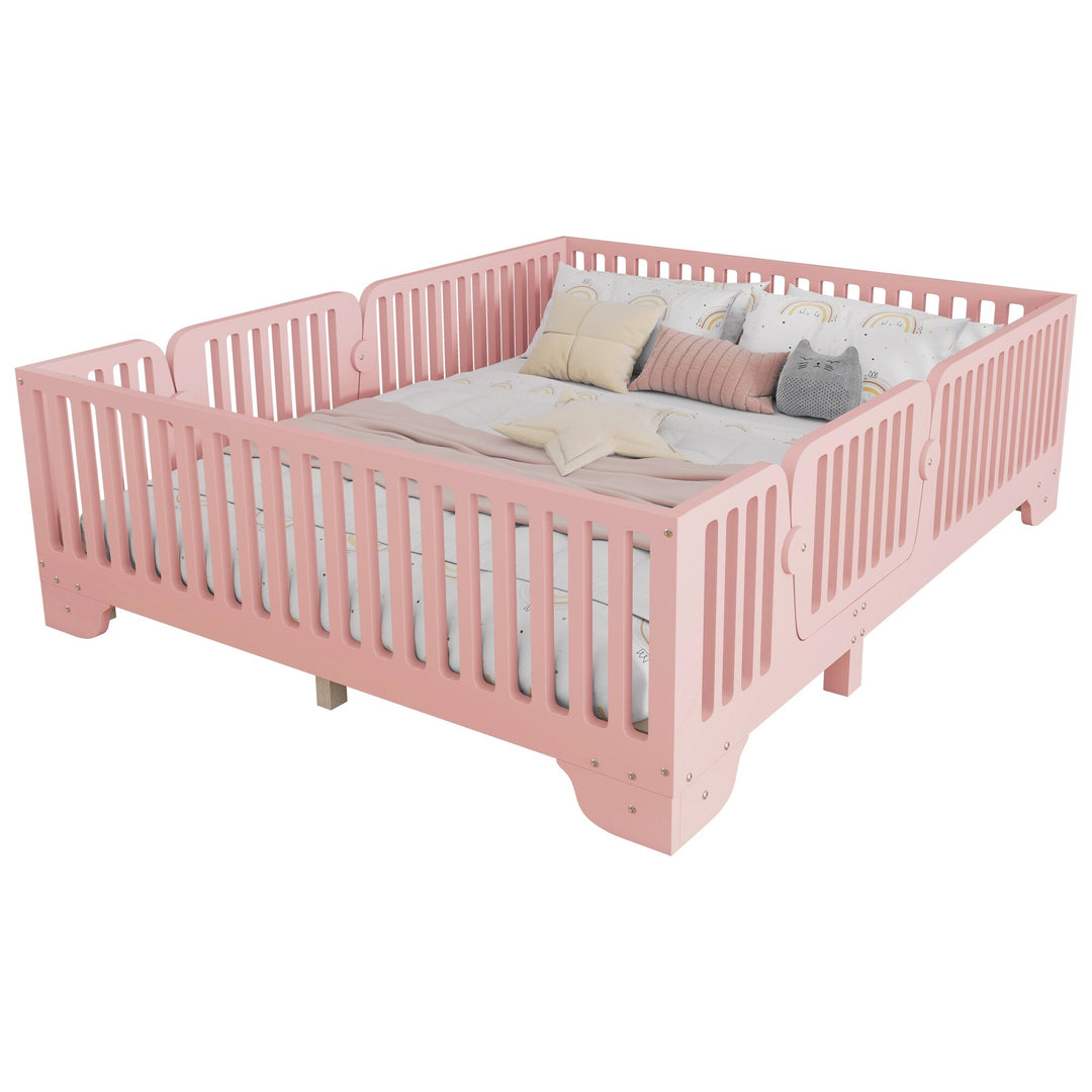 Full Size Montessori Floor Bed Frame with Safety Rails and Removable Door, Low Profile Kids Bed with Slatted Support