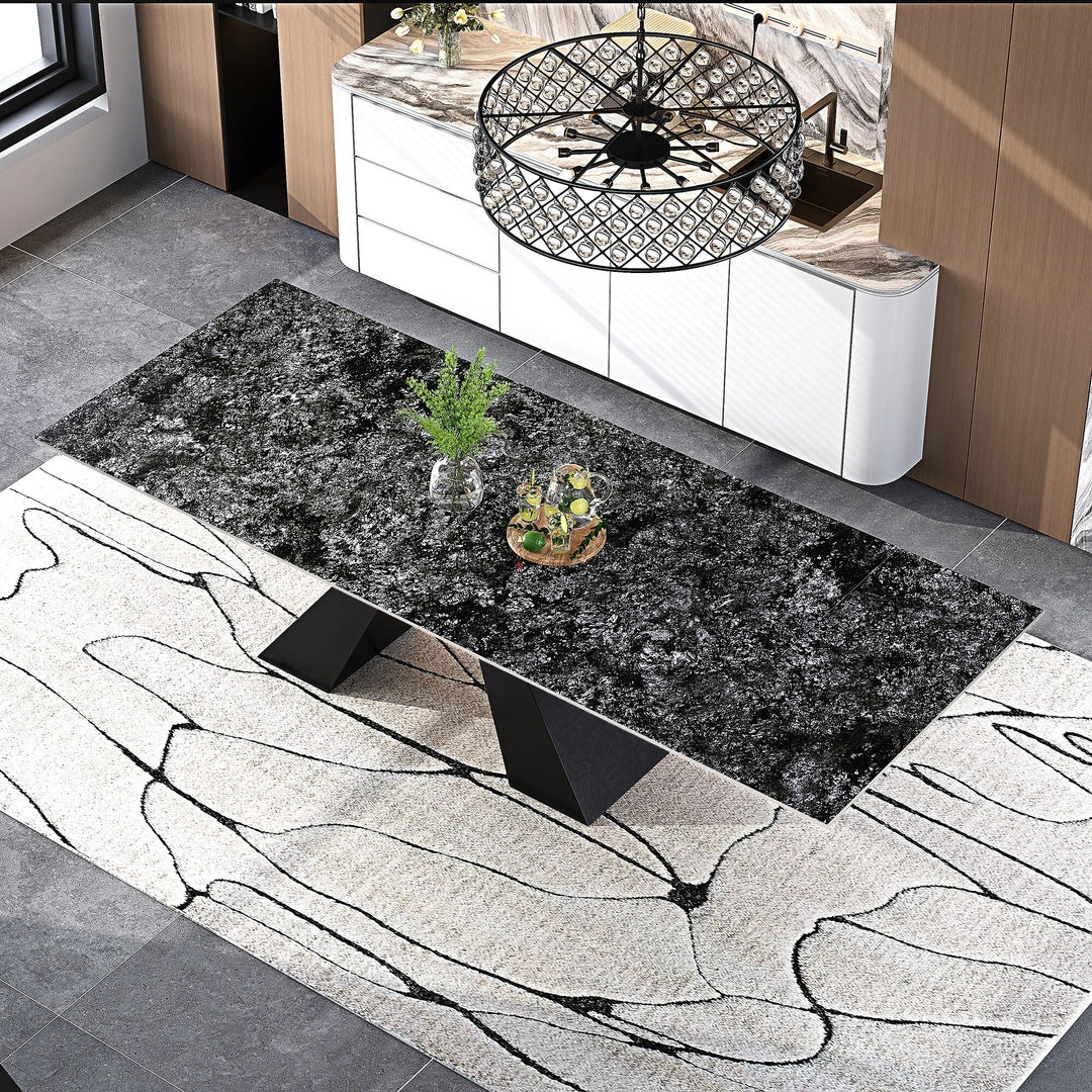 Minimalism Extendable Rectangular Sintered Stone Double Pedestal Dining Table Seat for 8-12 - 110.24"