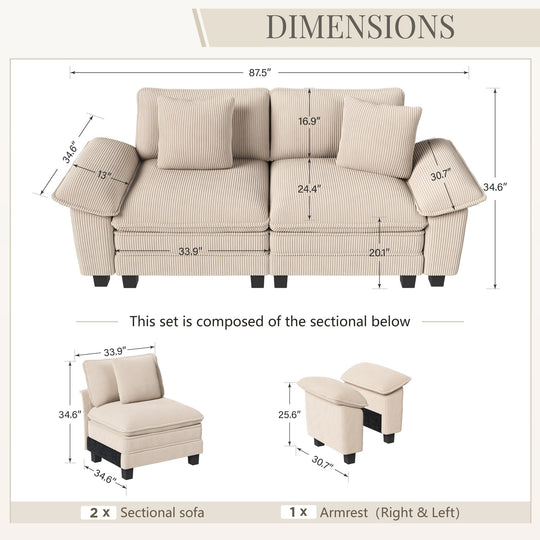 Cloud Modular Deep Seat Sofa, Chenille or Corduroy Sectional Couch with Removable Arms, 1–4 Seater