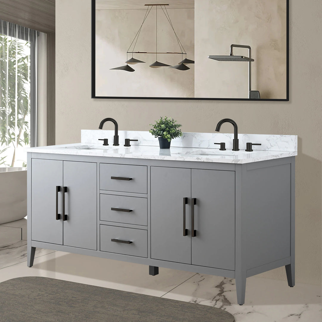 72" Double Sink Bathroom Vanity Cabinet with Engineered Marble Top