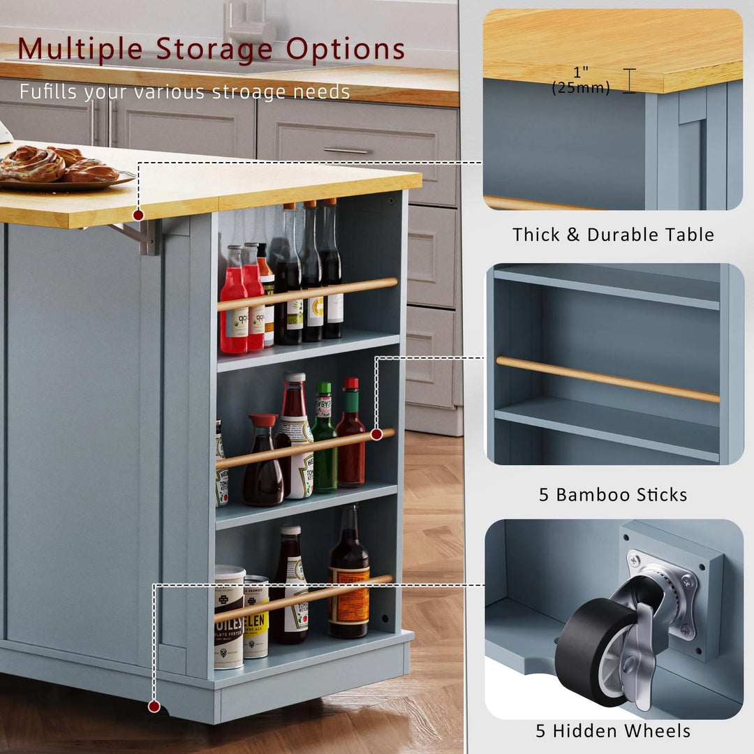 Large Kitchen Island with Drop Leaf,Power Outlet,Door Internal Storage Rack,3 Drawers(Not Include Bar Stools)
