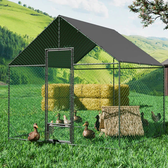 Upgraded Anti-Rust Metal Chicken Coop with Run Walkin Poultry Cage Habitat with Feeding Door, Waterproof and Snow /Rain Accumulation Prevent Cover for Backyard Farm Garden