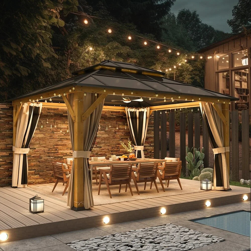 Hardtop Wood Gazebo with Double Roof – Free Dust Cover with 12X16 or 12X20 Model – Waterproof Outdoor Gazebo