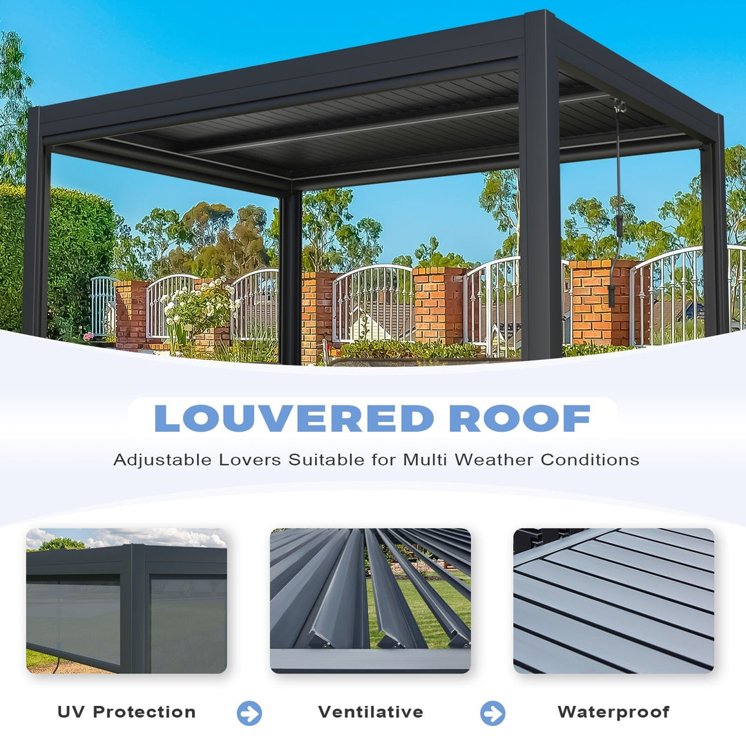 Outdoor Louvered Pergola Gazebo with Adjustable Aluminum Rainproof Roof and Pull-Down Screen