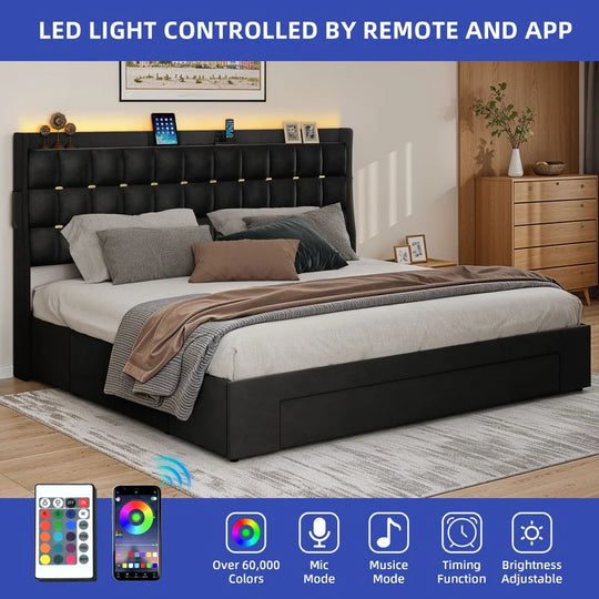 Queen/King Size Velvet Upholstered Bed with Charging Station and Storage Drawers