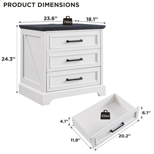 Farmhouse 3-Drawer Nightstand, Wide End Table with Charging Station