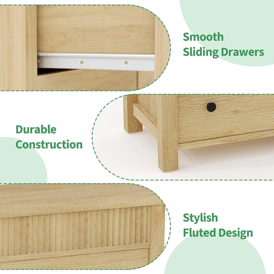 7 Drawer Dresser for Bedroom, 54 in Wide Modern Fluted Chest of Drawers, Wooden Storage & TV Stand, Natural Oak